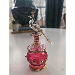 Handblown Egyptian Glass Perfume Bottle Peacock Topper Deep Pink W/ Gold Trim